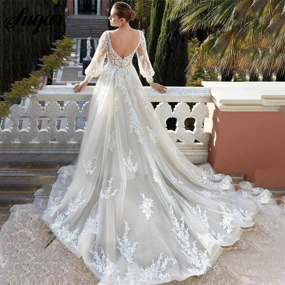 Lace Boho Wedding Dress Long Sleeve Tulle A Line Bridal Gown, Embrace effortless romance in this stunning boho wedding dress