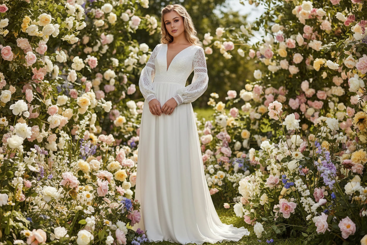 Plus Size Boho Wedding Dress A Line Bohemian Lace Chiffon Bridal Gown, drift down the aisle in dreamy romance with this plus-size boho wedding dress.