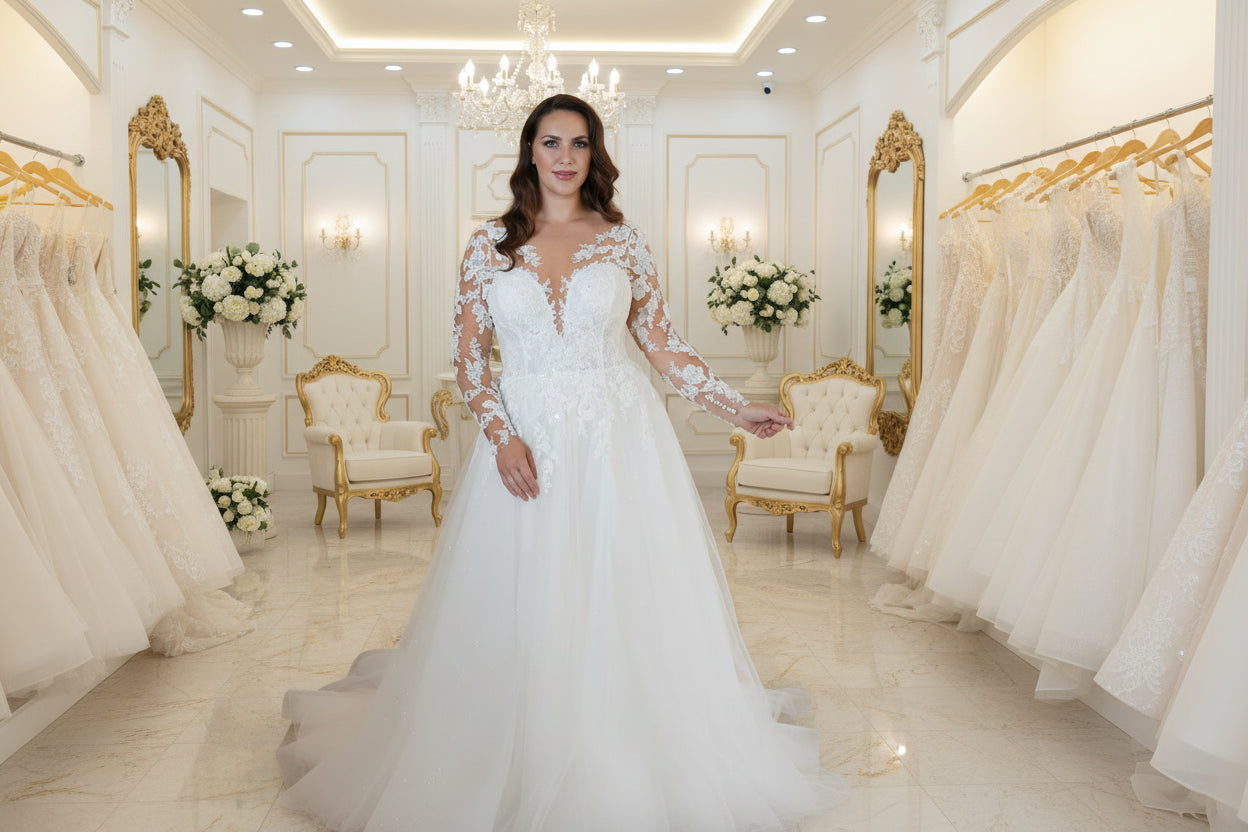 Plus Size Wedding Dress Illusion Lace Sleeve Bridal Gown