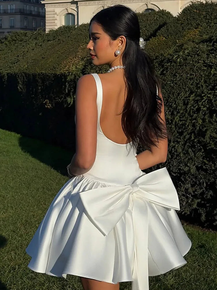 Mini Wedding Dress Short Skirt Pleated Chic Bow Backless 