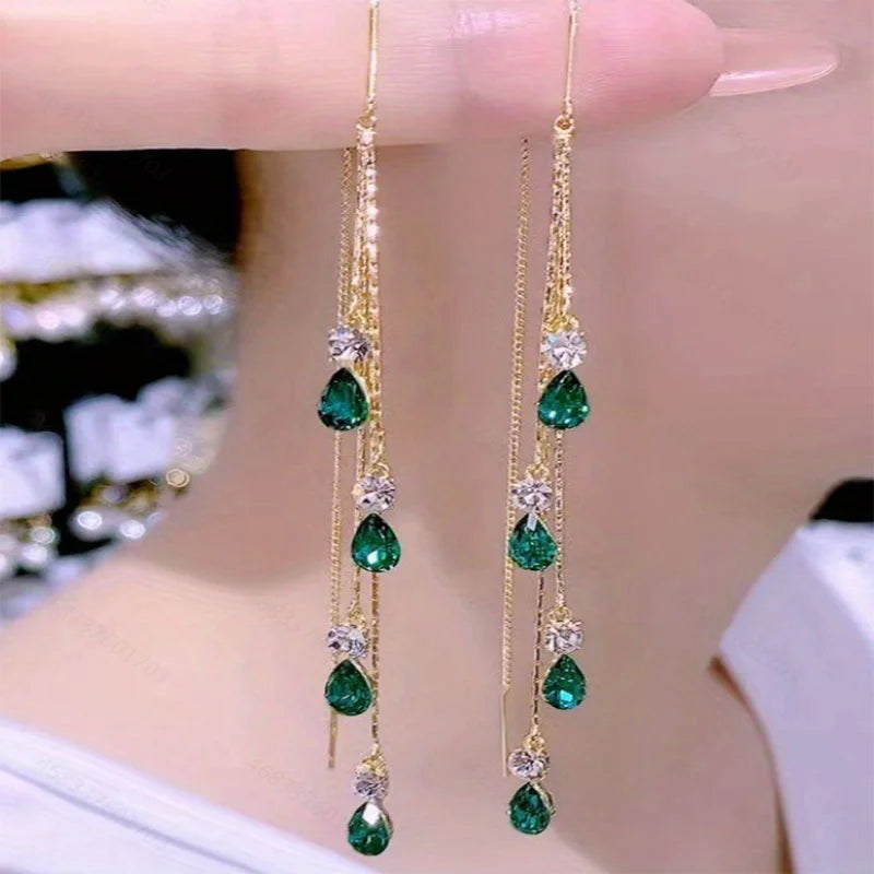 Crystal Wedding Earrings Emerald Green Zircon Tassel Party Jewelry, Add a touch of elegance to your next party with our Emerald Green 