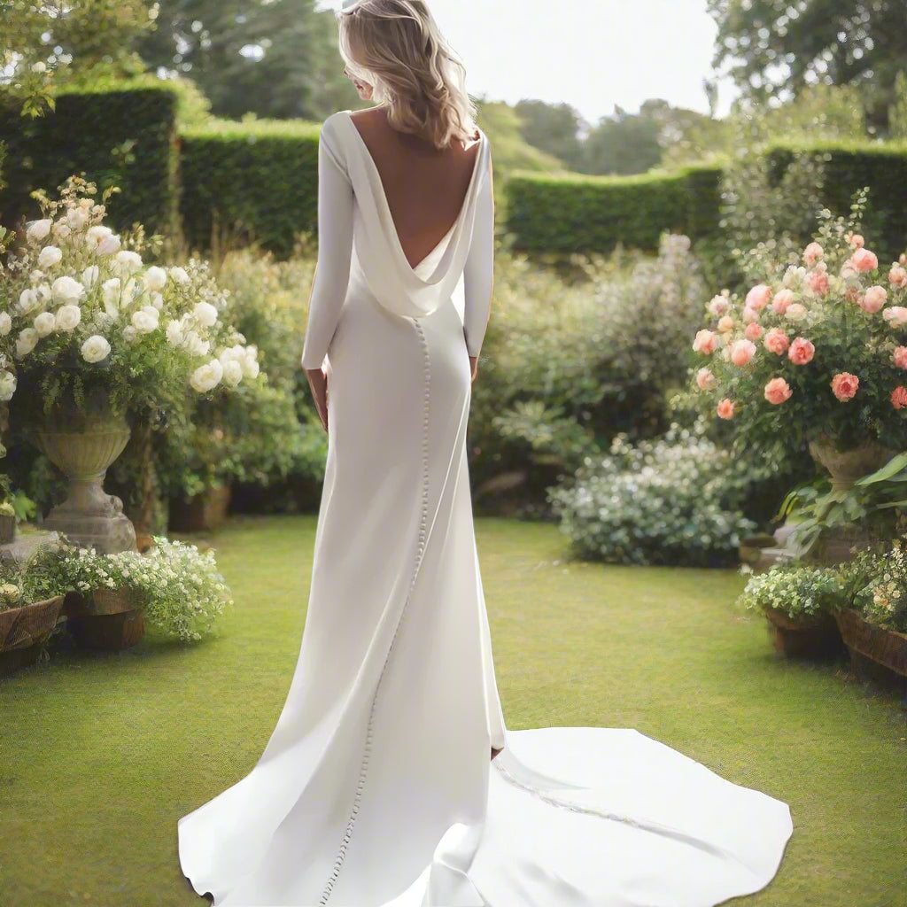 Boho Wedding Dress Long Sleeve Mermaid Back Cowl Gown, Be a vision on your big day with this stunning Long Sleeve Mermaid Back Cowl Wedding Dress
