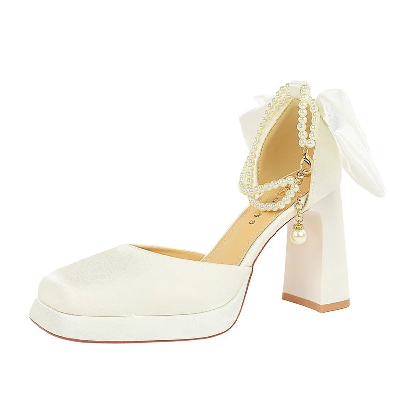 Thick Heel Square-Toe Satin Wedding Shoes