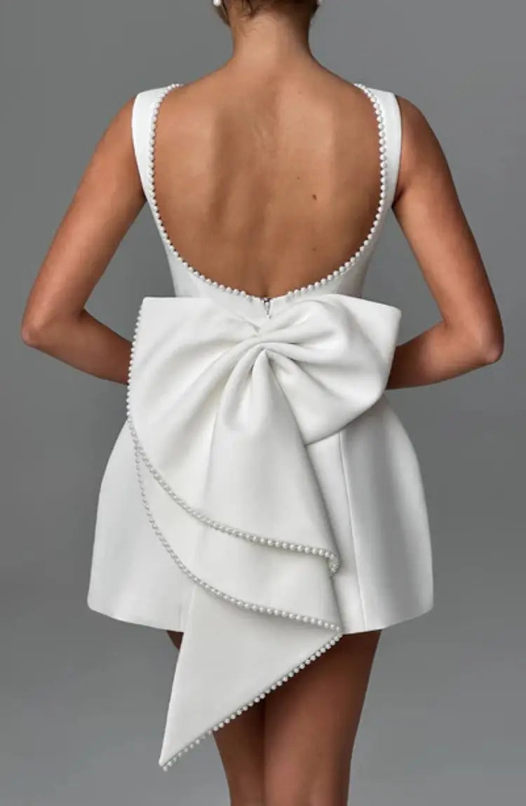 short wedding dress with bow Mini Pearl Backless Back Pink / S thick straps Size:Pre-Order 5-6 years Elegant Striped Print V-Neck fish