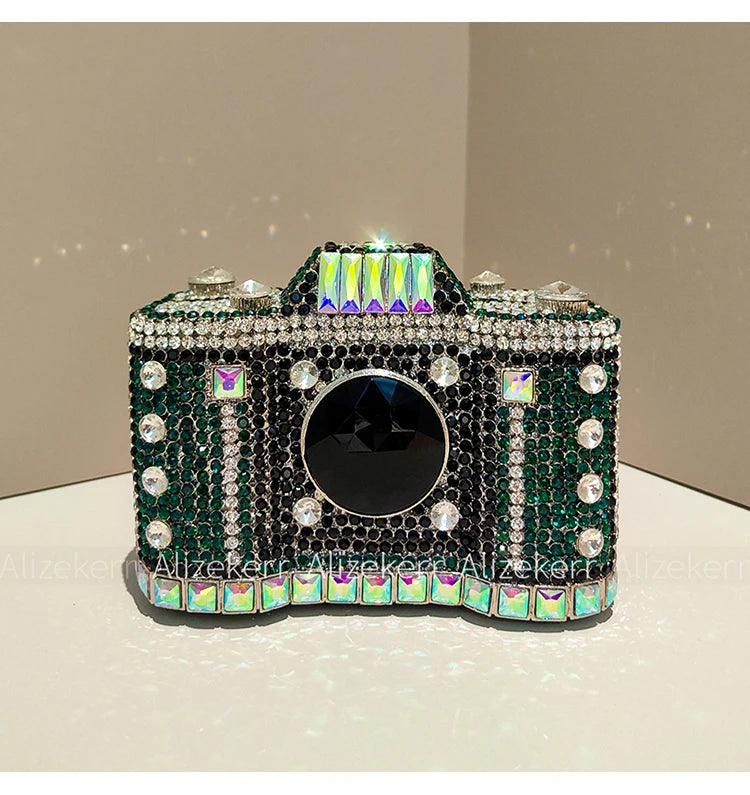 Novelty Crystal Camera Clutch Purse  Evening Boutique Metallic Purse, capture attention in this exquisite camera-shaped evening clutch