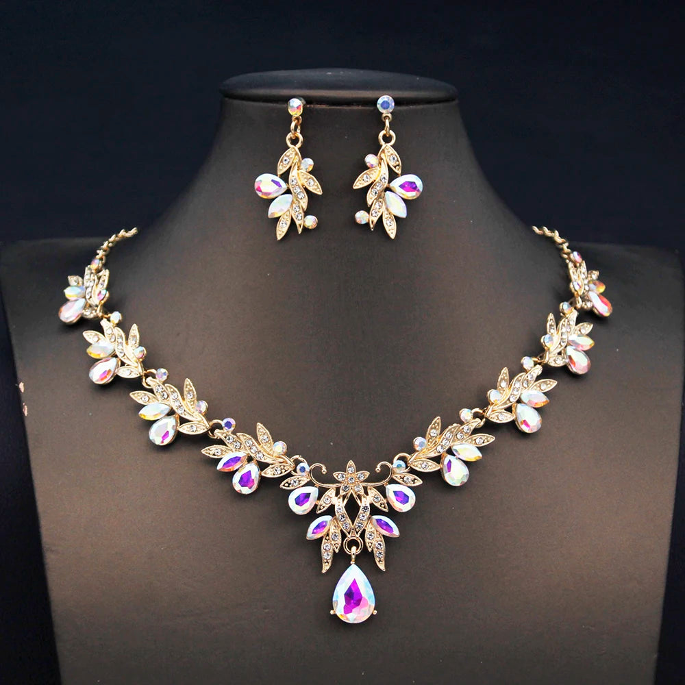 Crystal Flower Crown Bridal Jewelry Sets Tiaras Necklace Earrings