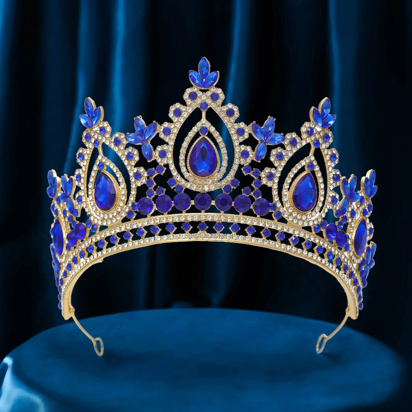Gold Tiara Crown, ocean blue crystal crown, Royal Queen Tiara, pageant crown Vofler Gold Tiara with Teal Blue Crystal - Royal Queen  main image 4