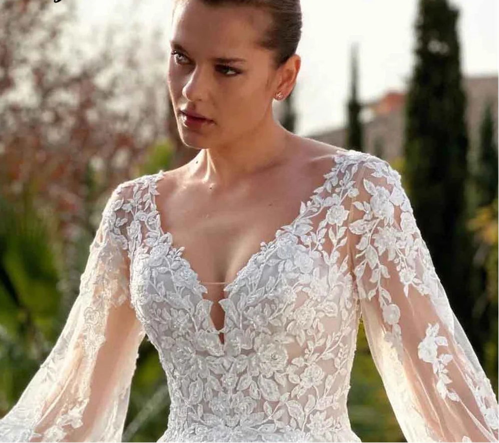 Lace Boho Wedding Dress Long Sleeve Tulle A Line Bridal Gown, Embrace effortless romance in this stunning boho wedding dress