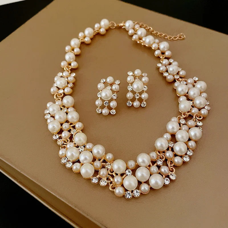 Three Piece Jewelry Set Crystal Pearl Earrings Necklace Choker,  Elevate your special occasion look with this sophisticated 3-piece set 