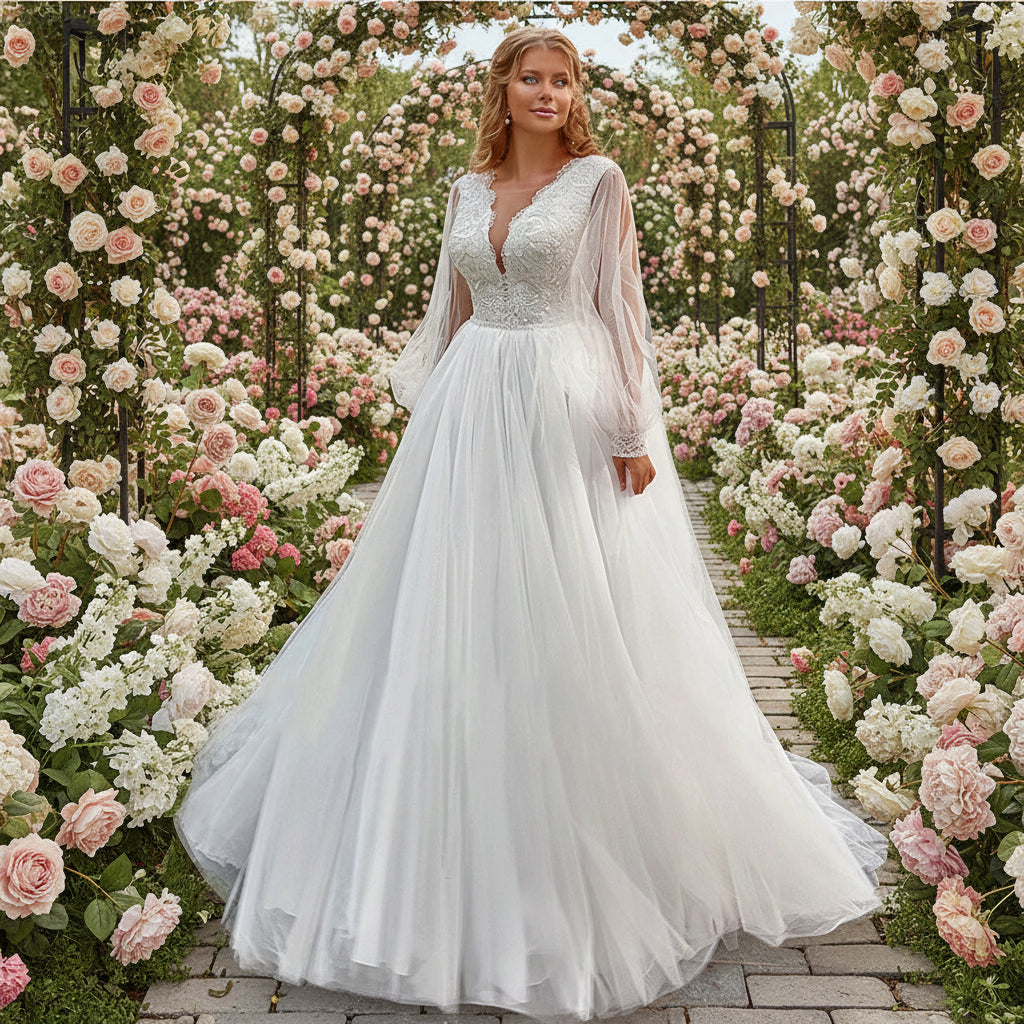 Plus Size Wedding Dress Puff Sleeves  A-Line Bridal Gown