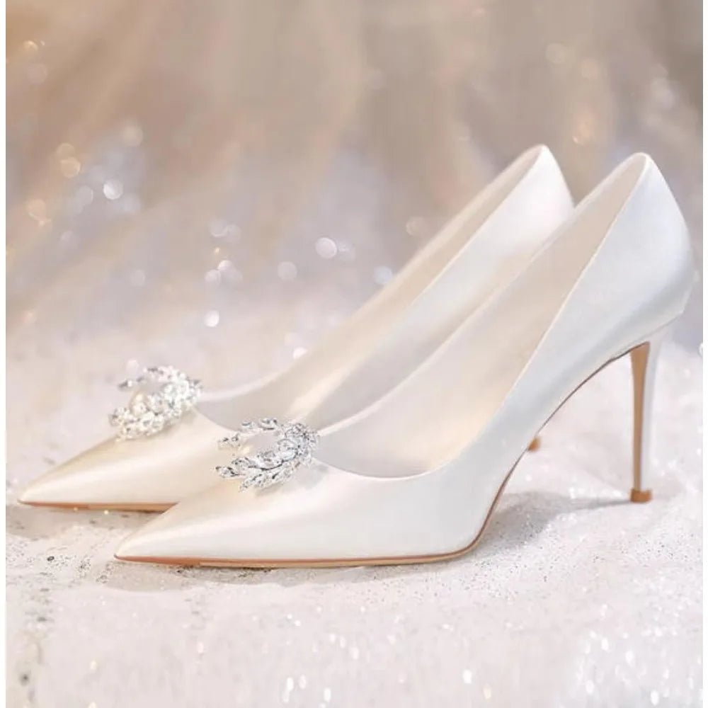 White Rhinestone Wedding Shoes Heel Bridal Dress Pumps