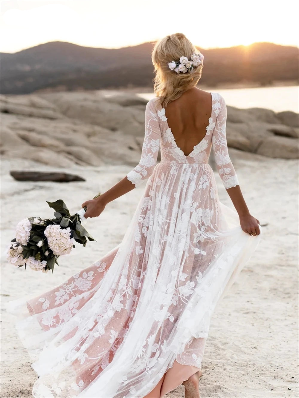 Bohemian Wedding Dress Long Sleeve A-line With Leg Slit Bridal Gown, say "I do" to effortless elegance with this dreamy bohemian wedding dress! 