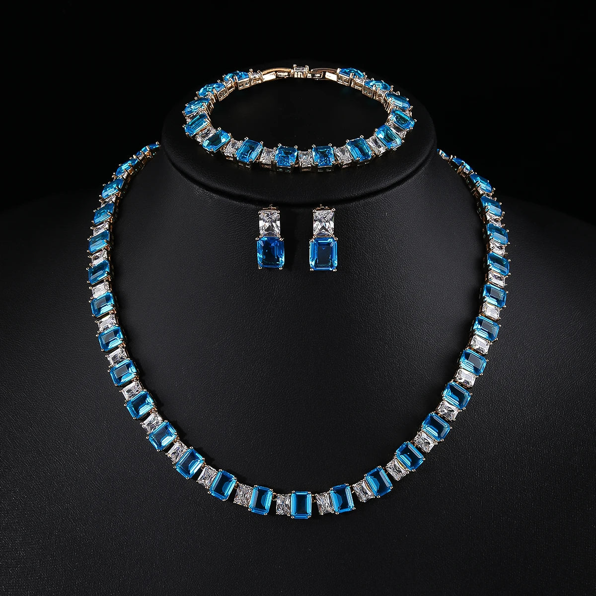 Wedding Jewelry Set Cubic Zircon Necklace Earring Bracelet 3 Piece Set, Elevate your ensemble with our Luxury Square Shape Cubic Zircon 