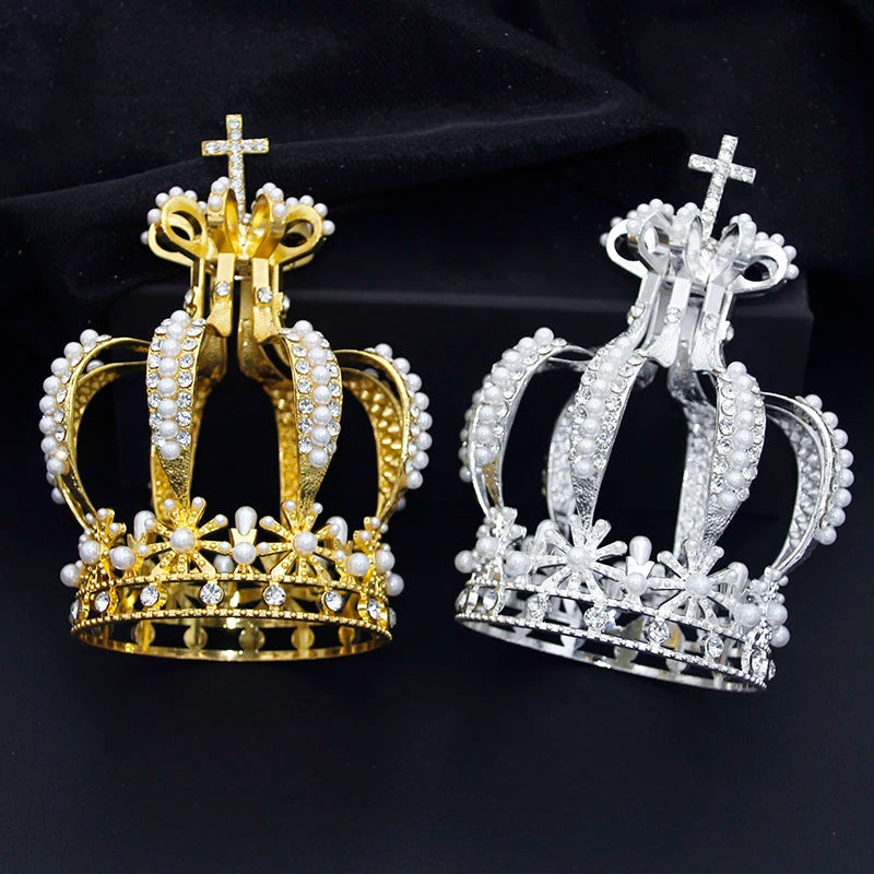 Round Crown Cross Imitation Pearls Rhinestone Crystal Birthday Cake Ornaments, Transform into royalty with our stunning Lantern Crown featuring a cross 