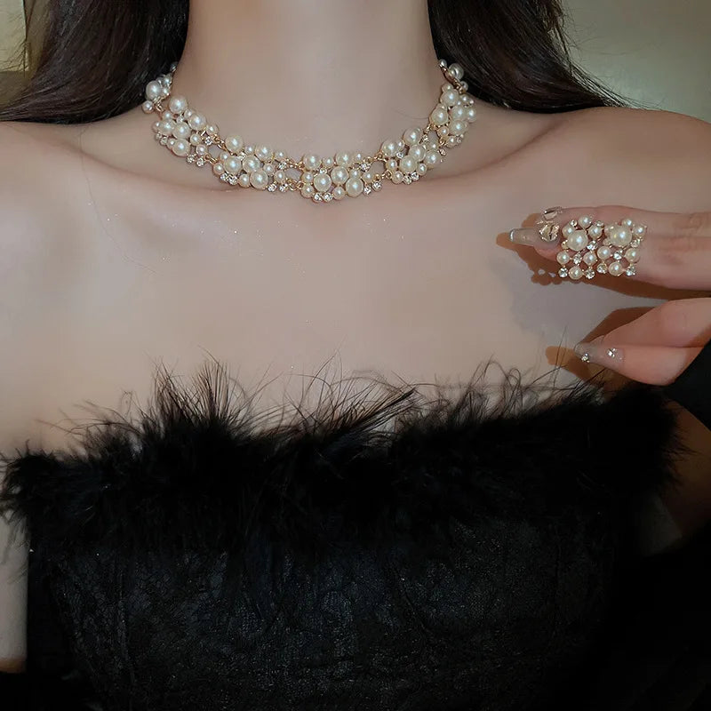 Three Piece Jewelry Set Crystal Pearl Earrings Necklace Choker,  Elevate your special occasion look with this sophisticated 3-piece set 