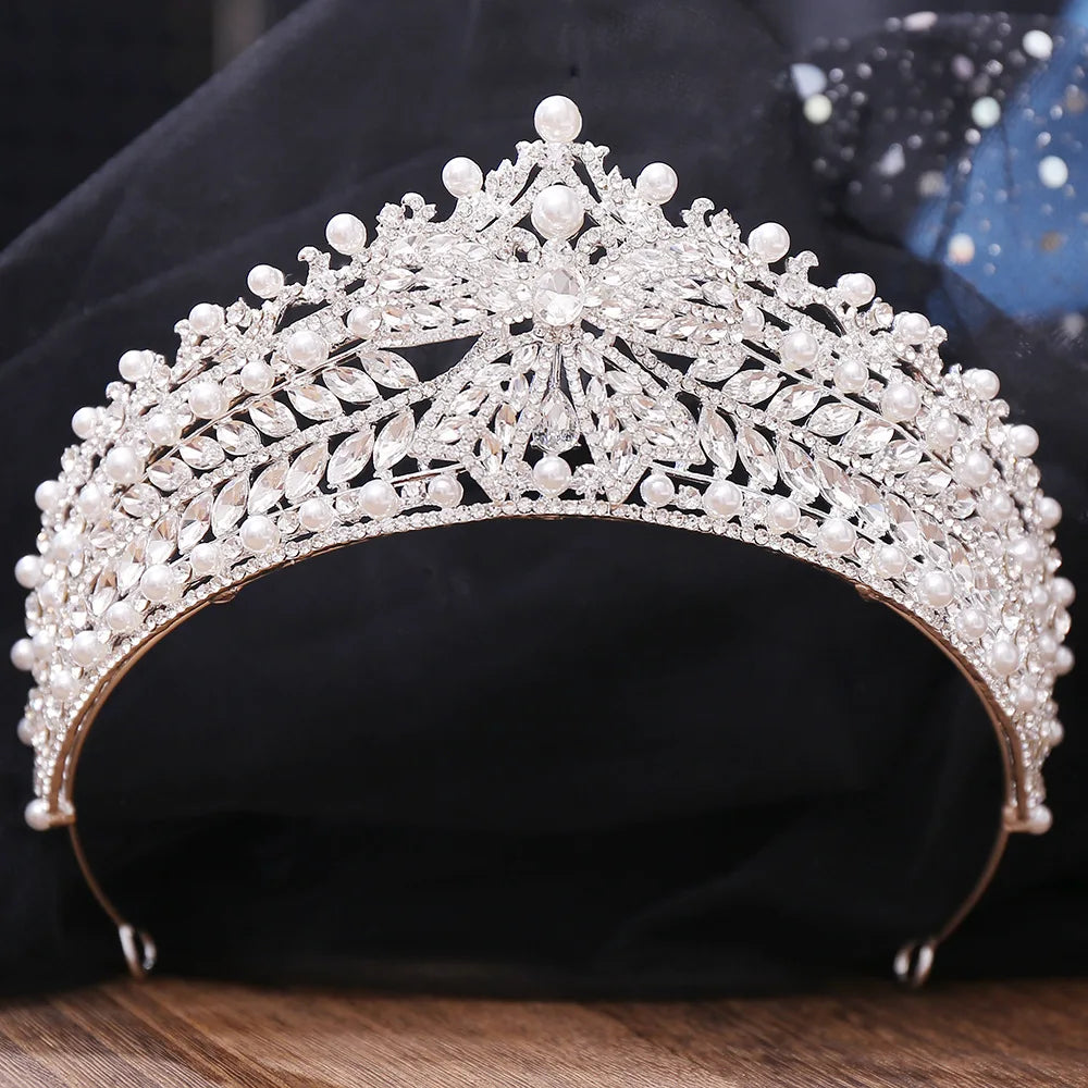 Wedding Tiara Crystal Pearl Crown Bridal Hair Accessory, Enhance your bridal look with this stunning Crystal Pearl Tiara Crown. The high point faux pearl cente