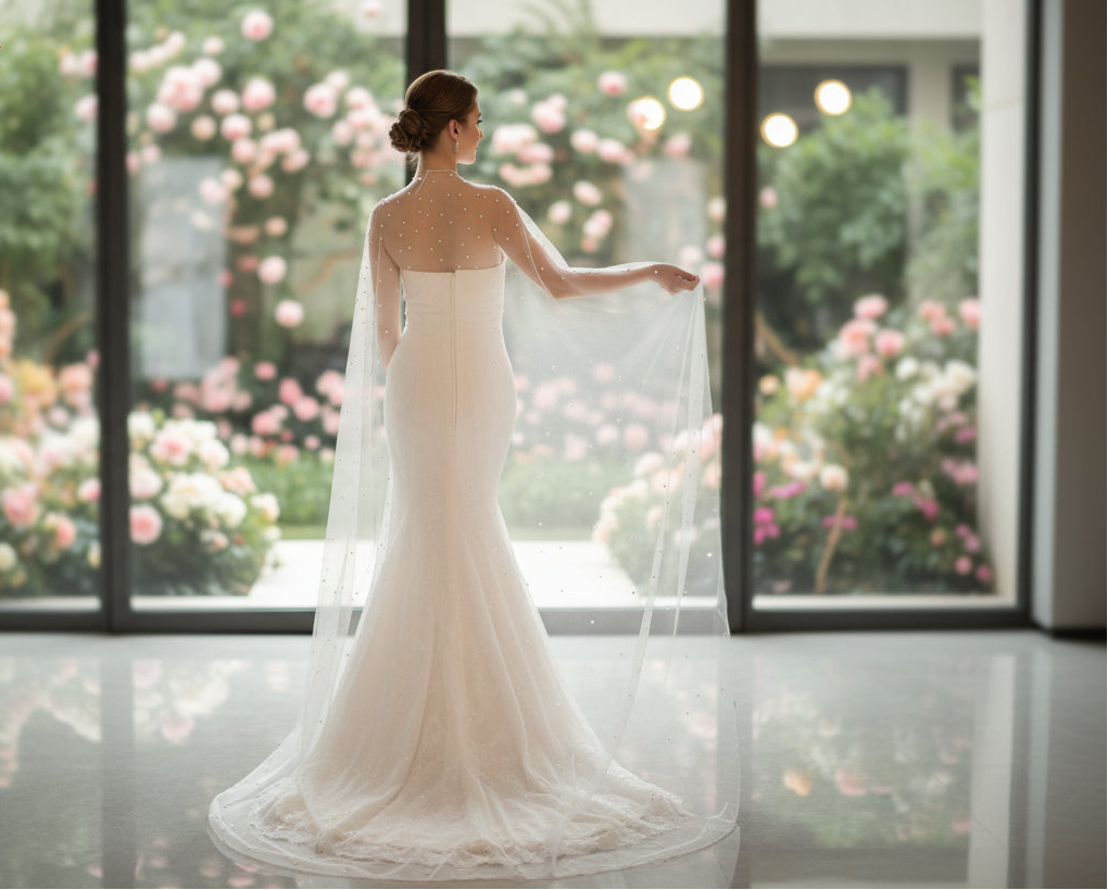 Sheer Bridal Shoulder Cape Pearls White Party Wedding Dress Accessory, drape yourself in elegance with this stunning sheer shoulder cape,