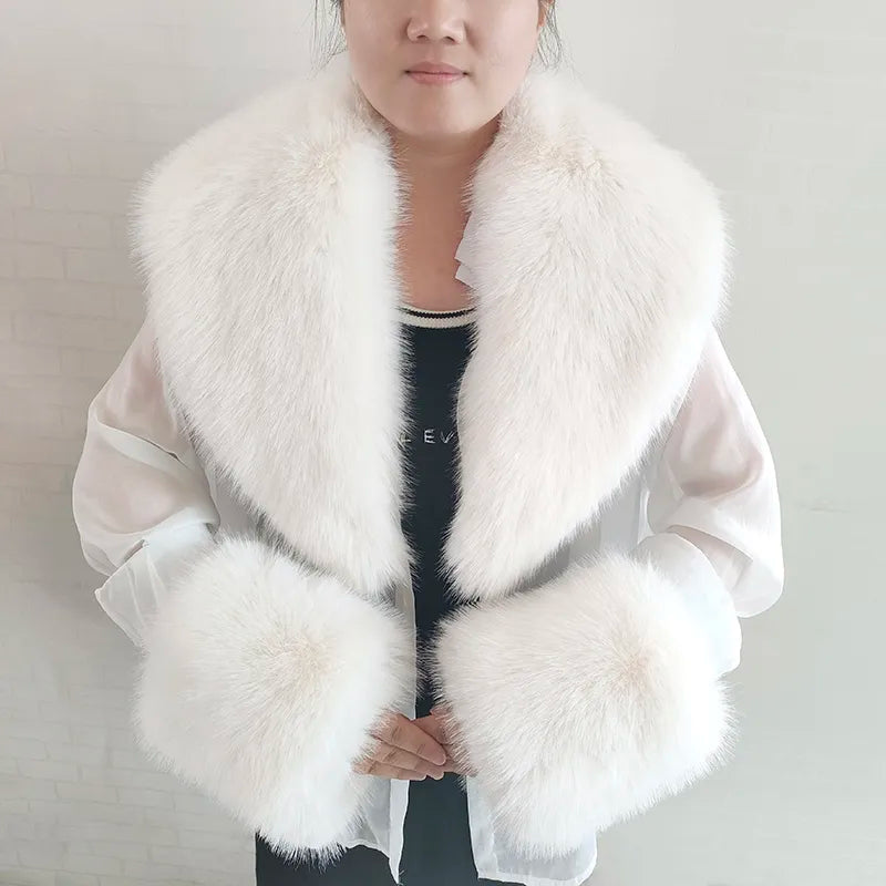 Faux Fox Fur Short Jacket With Oversized Collar and Cuff Sleeves Coat, Indulge in elegance and luxury with our Winter Faux Fox Fur Jacket