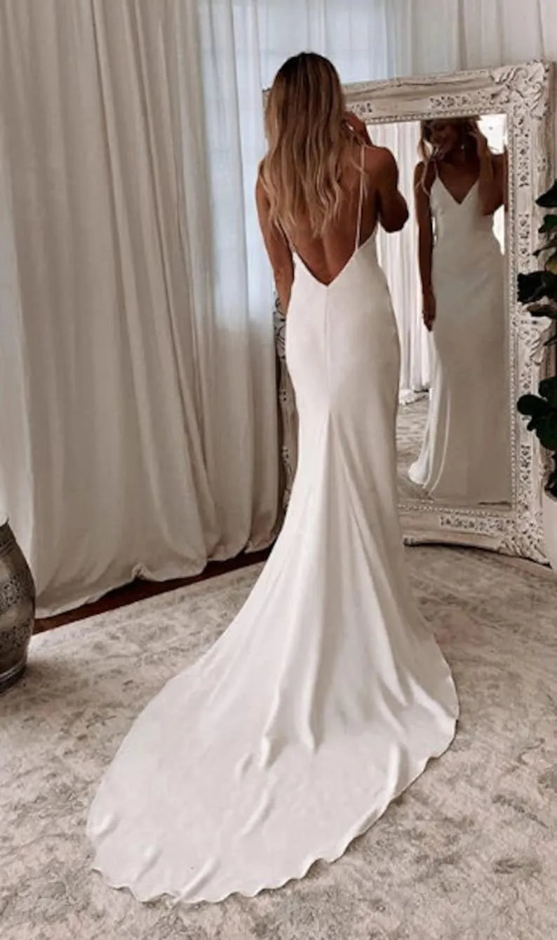vBoho Wedding Dress Satin V-Neck Backless Bridal Gown, This exquisite mermaid trumpet boho bridal gown showcases a smooth satin fabric wi