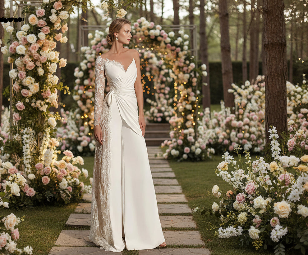 Wedding Jumpsuit With Lace Sleeve Civil Boho Bridal Gown Pantsuit, walk down the aisle in unexpected style with this boho bridal jumpsuit t