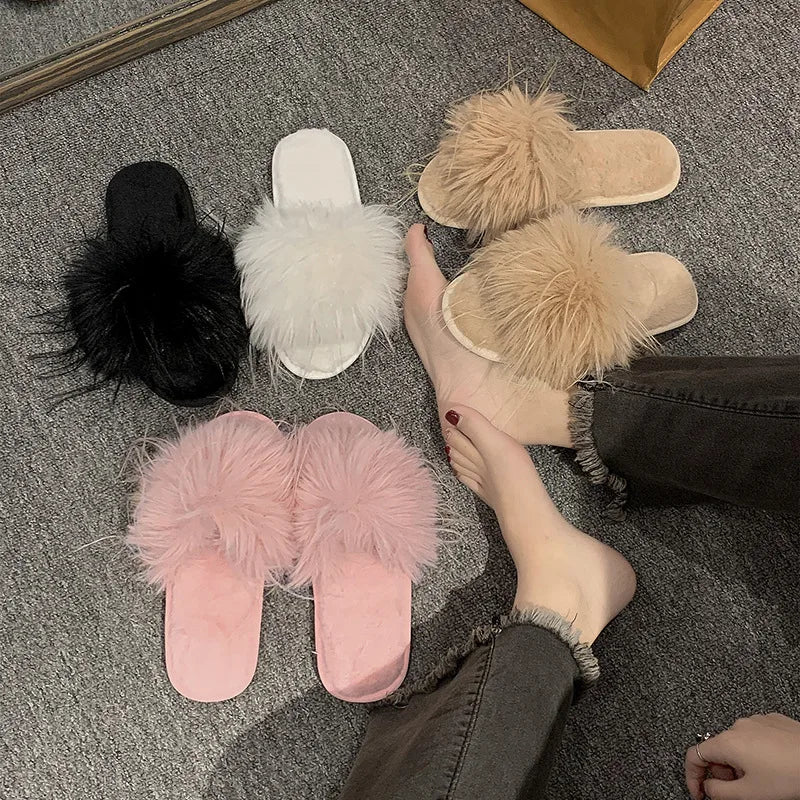 Bridal Party Slippers Feather Furry Casual Wedding Beach Slides