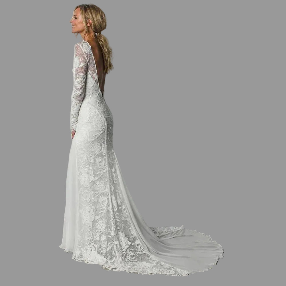 long sleeve low back mermaid wedding dress Tulle and Crepe
