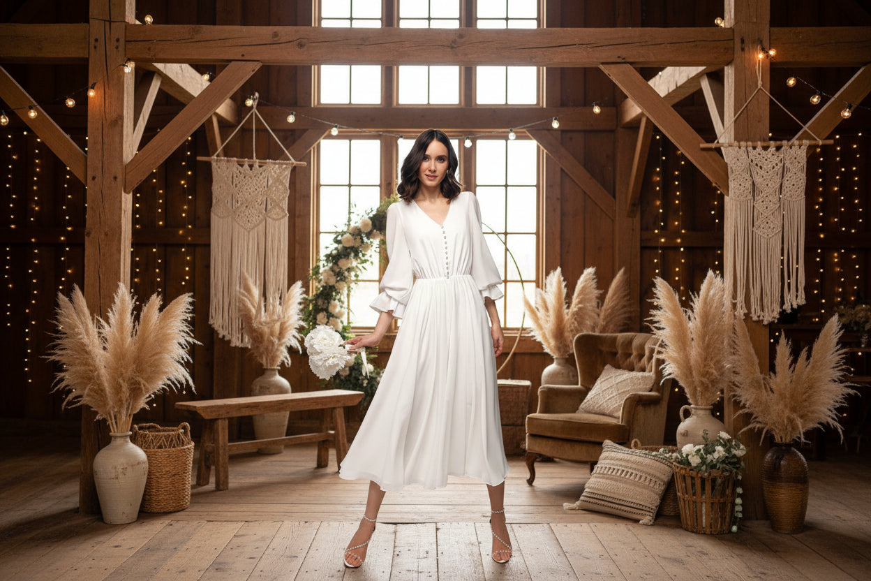 Tea Length Wedding Dress Chiffon V Neck A Line Bridal Dress, float down the aisle in this whimsical tea length wedding dress that captures boho romance with every step