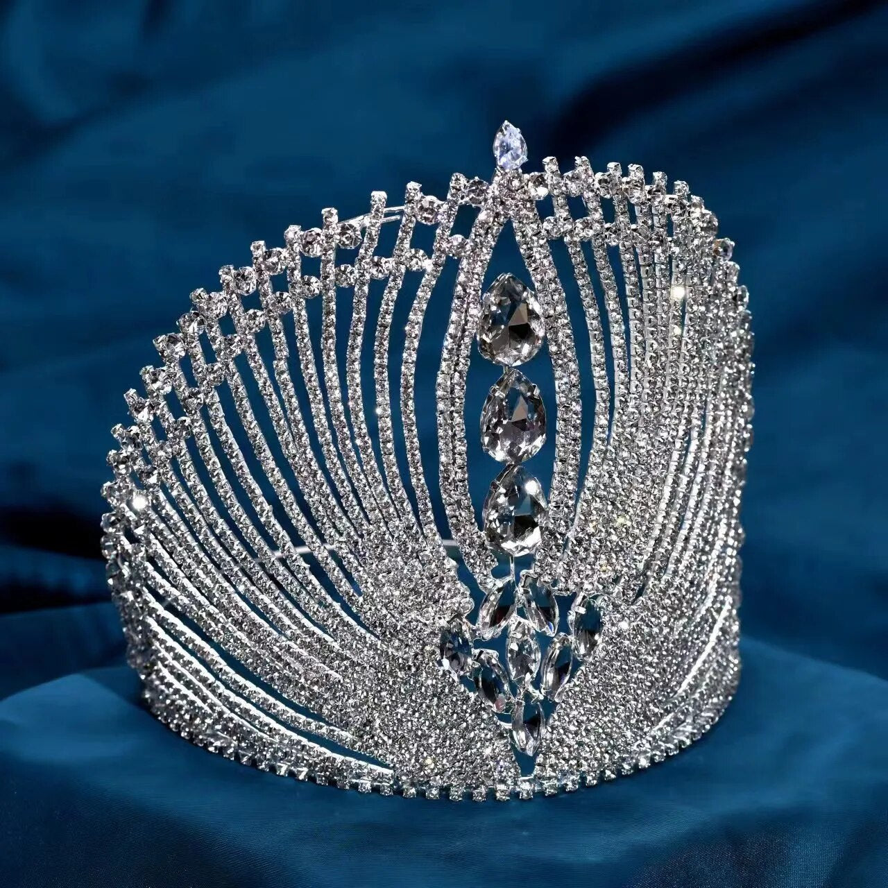 Pageant Crown Cubic Zirconia Crystal Tiara Hair Accessory,  This elegant piece features a tall design with a dramatic central apex and sparkling cubic zirconia crystals
