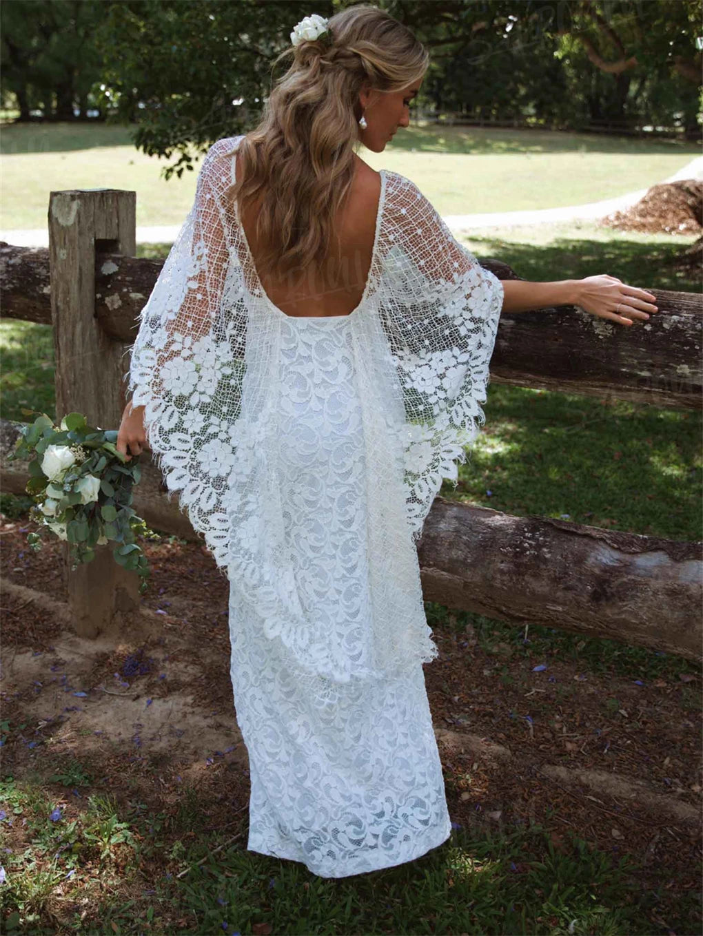 Bohemian Lace Wedding Dress Flare Sleeve Side Slit V Neck Bridal Gown, turn heads on your big day in this stunning boho lace gown that screams modern romance