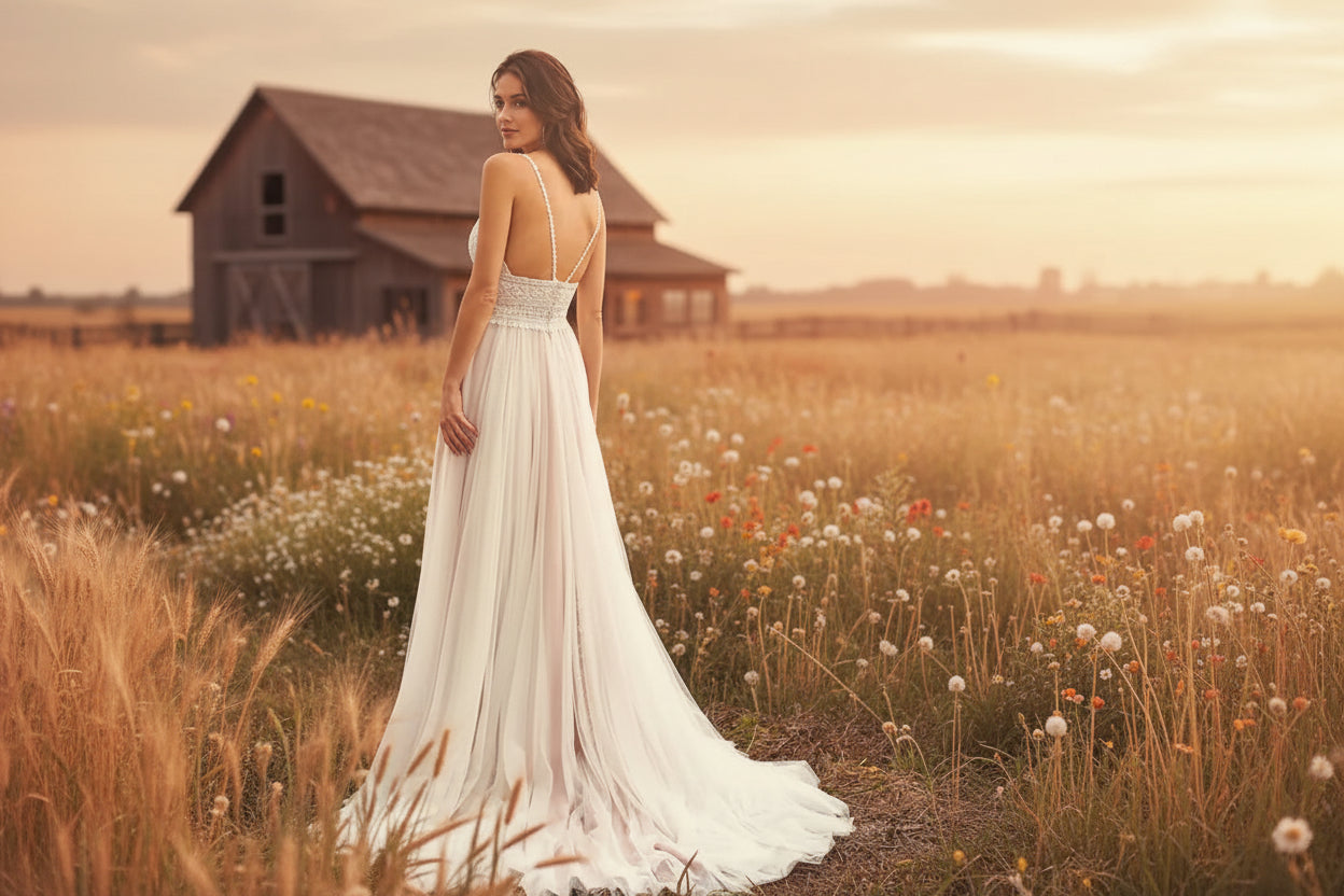Boho Lace Wedding Dress A-line V-neck Backless Bridal Gown, effortlessly chic and undeniably romantic, this boho-inspired gown combines delicate lace