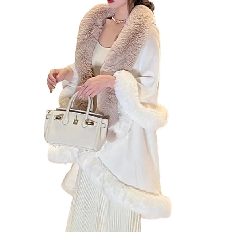 Faux Fur Poncho Shawl Double Layer Batwing Sleeve Coat Accessory, Stay cozy and chic this winter with our Winter 