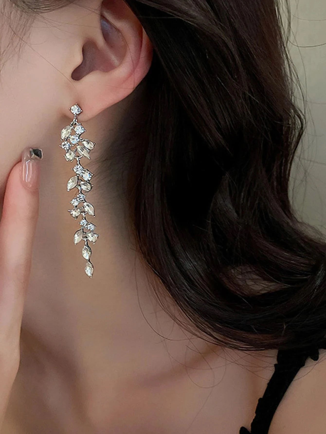 Crystal Tassel Earrings Long Dangle Floral Bridal Earrings, These elegant long dangle earrings feature a delicate leaf pattern