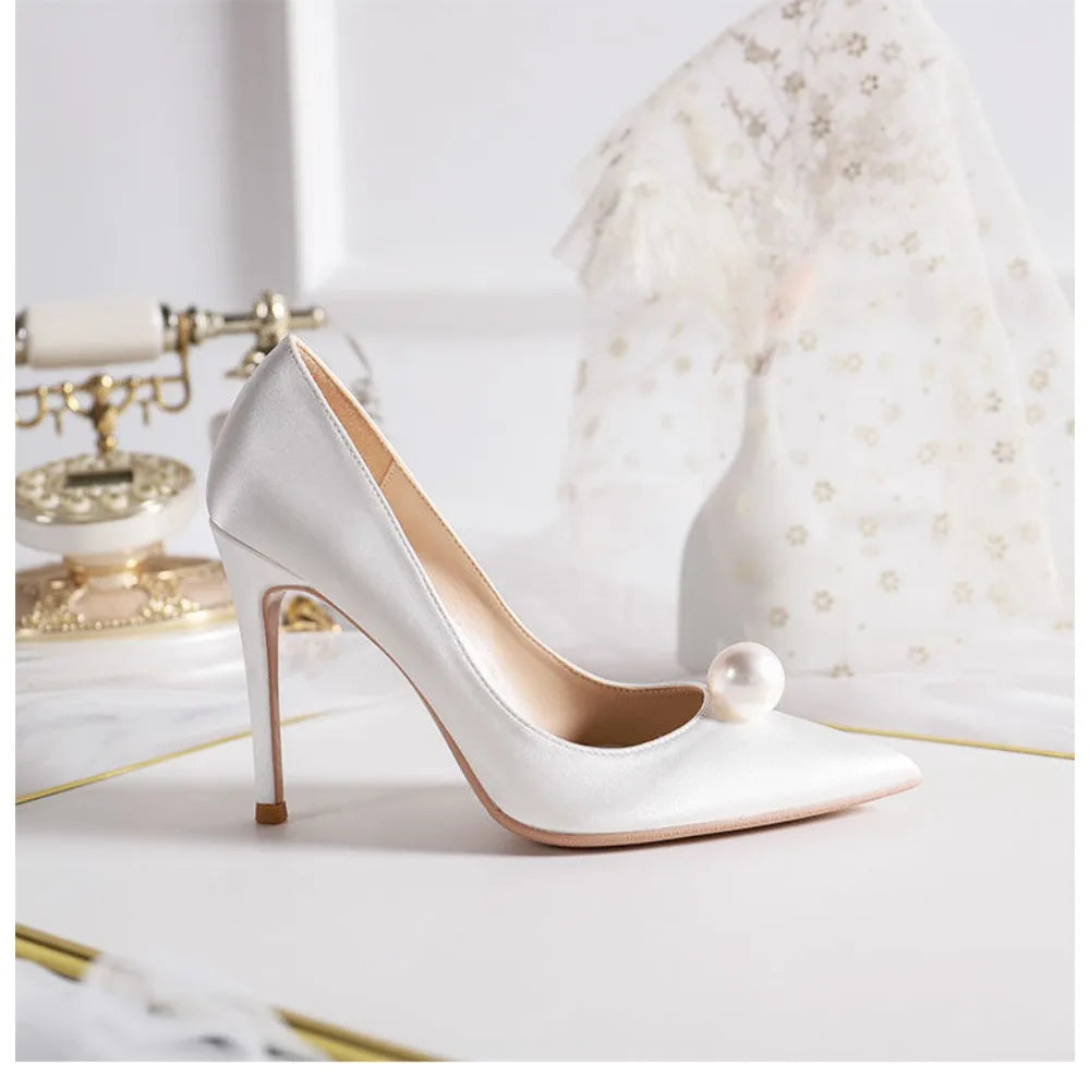 White Satin Wedding Shoes French Bridesmaid Fashion Pumps