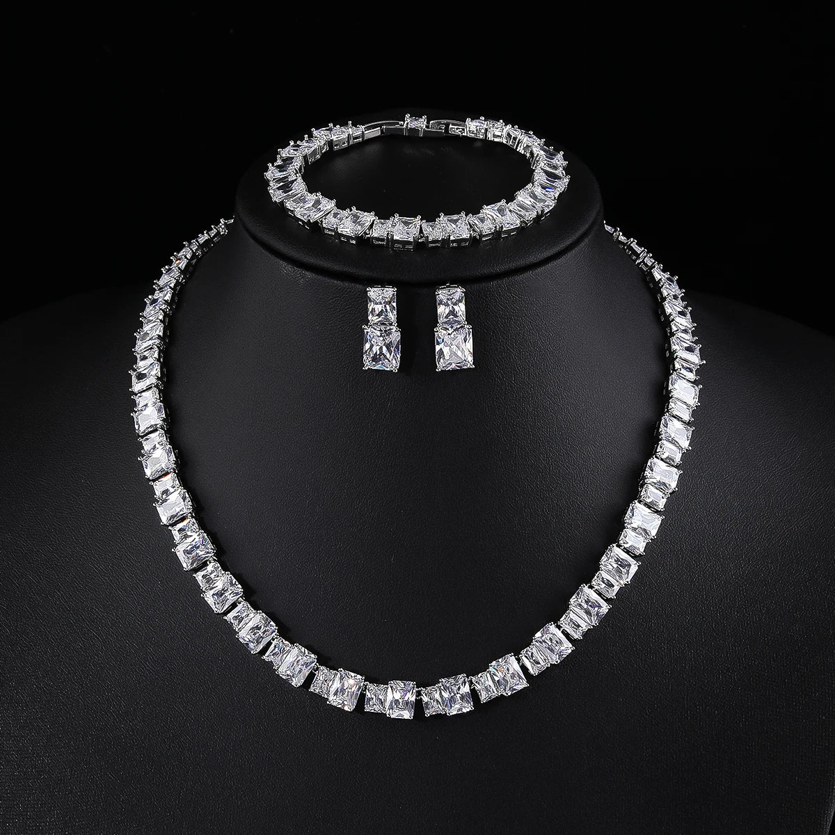 Wedding Jewelry Set Cubic Zircon Necklace Earring Bracelet 3 Piece Set, Elevate your ensemble with our Luxury Square Shape Cubic Zircon 