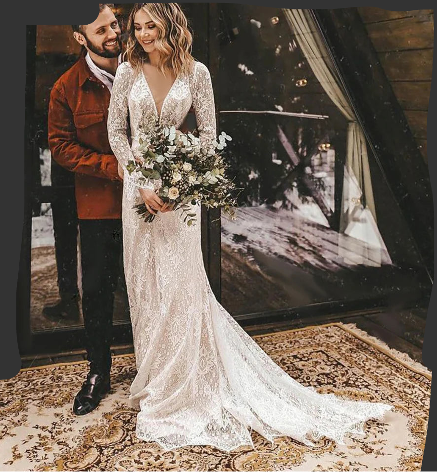 Lace Boho Wedding Dress Deep V Neck Open Back Long Sleeve Same As Photo / 8