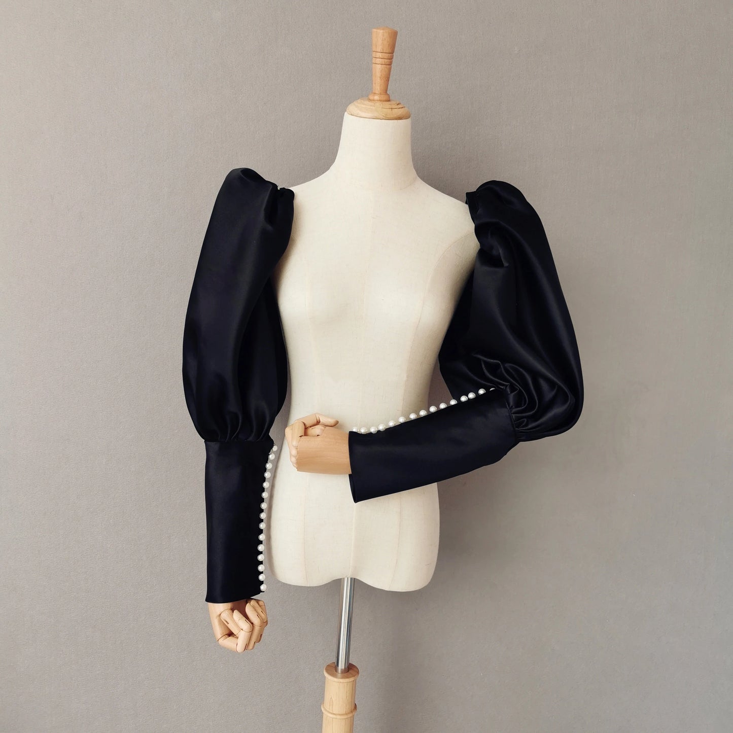 Detachable Long Sleeves Satin Puff Pearl Wrist Dress Accesso