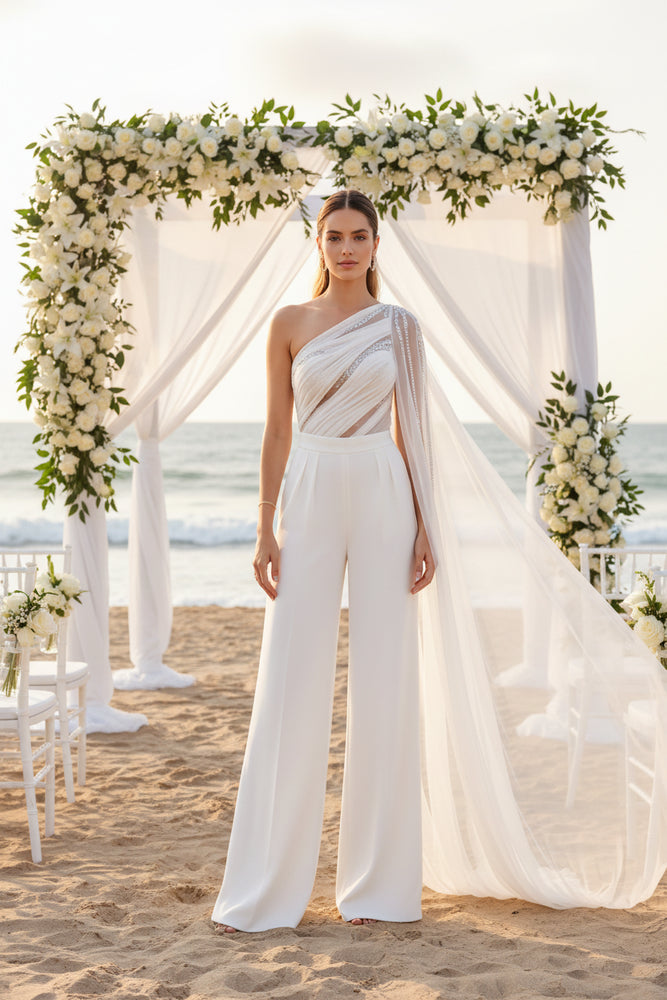 one shoulder cape wedding dress Boho Beach Jumpsuit Bridal Pants Suit Ivory / 16W Anthropologie BHLDN Satin Champagne The wide soi:sculpting Core Colors:Lightweight Chocolate Gingham