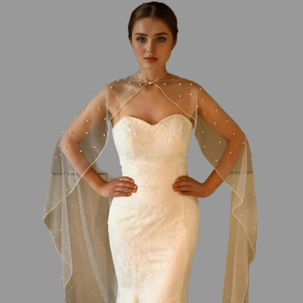 Sheer Bridal Shoulder Cape Pearls White Party Wedding Dress Accessory, drape yourself in elegance with this stunning sheer shoulder cape,
