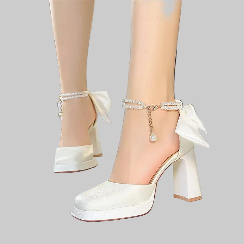 Thick Heel Square-Toe Satin Wedding Shoes