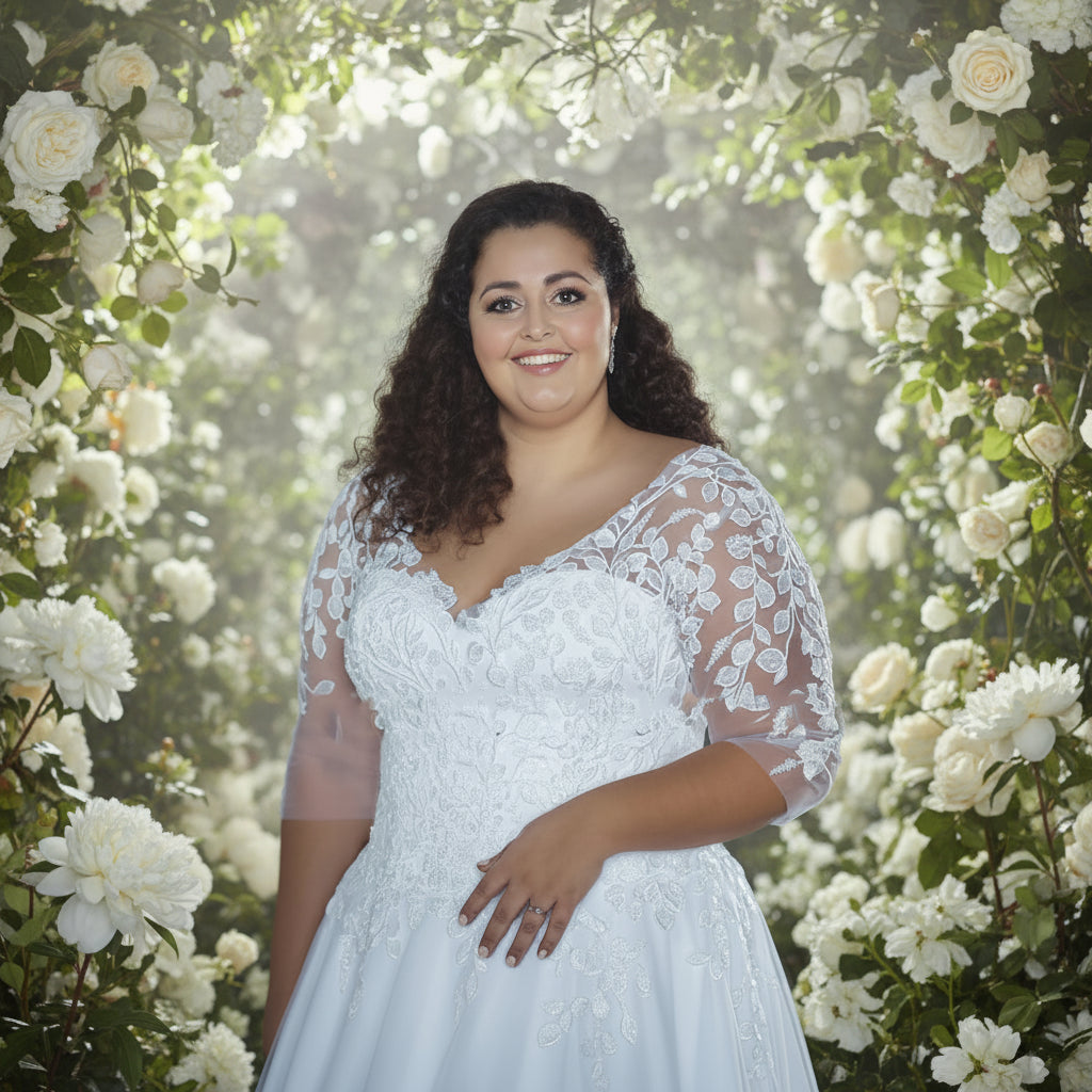 Size Wedding Dress LaceThree Quarter Sleeve A-Line Bride Gown
