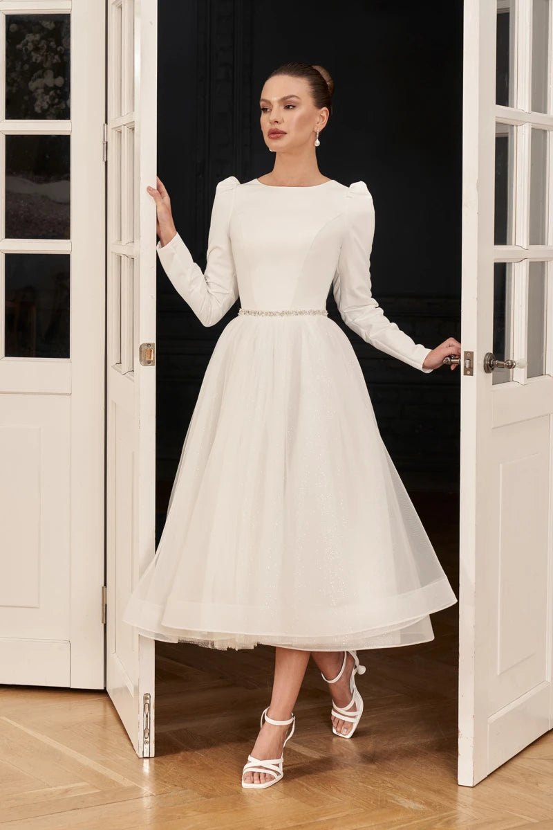 Tea Length Wedding Dress Soft Satin A Line Bridal Gown, embrace your inner boho princess in this enchanting short wedding dress, perfect for civil ceremonies and intimate celebrations