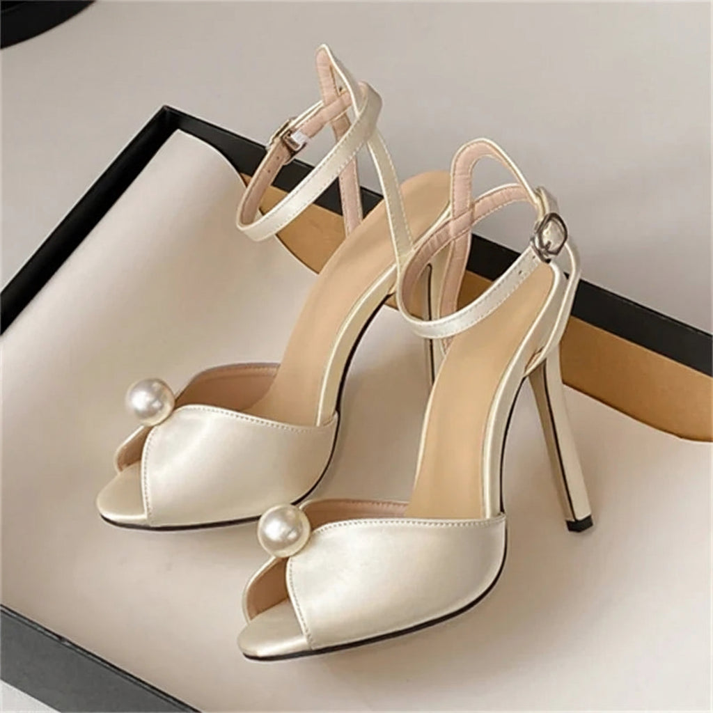 Satin Bead Peep Toe Pumps Wedding Shoes