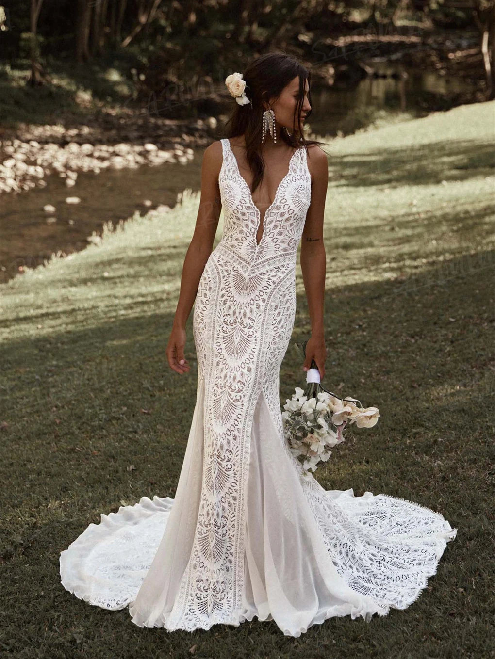Sheath Bohemian Wedding Dress Long Deep V Neck Lace Bridal Gown, embrace your inner free spirit in this stunning bohemian wedding dress that perfectly blends romantic lace with contemporary edge