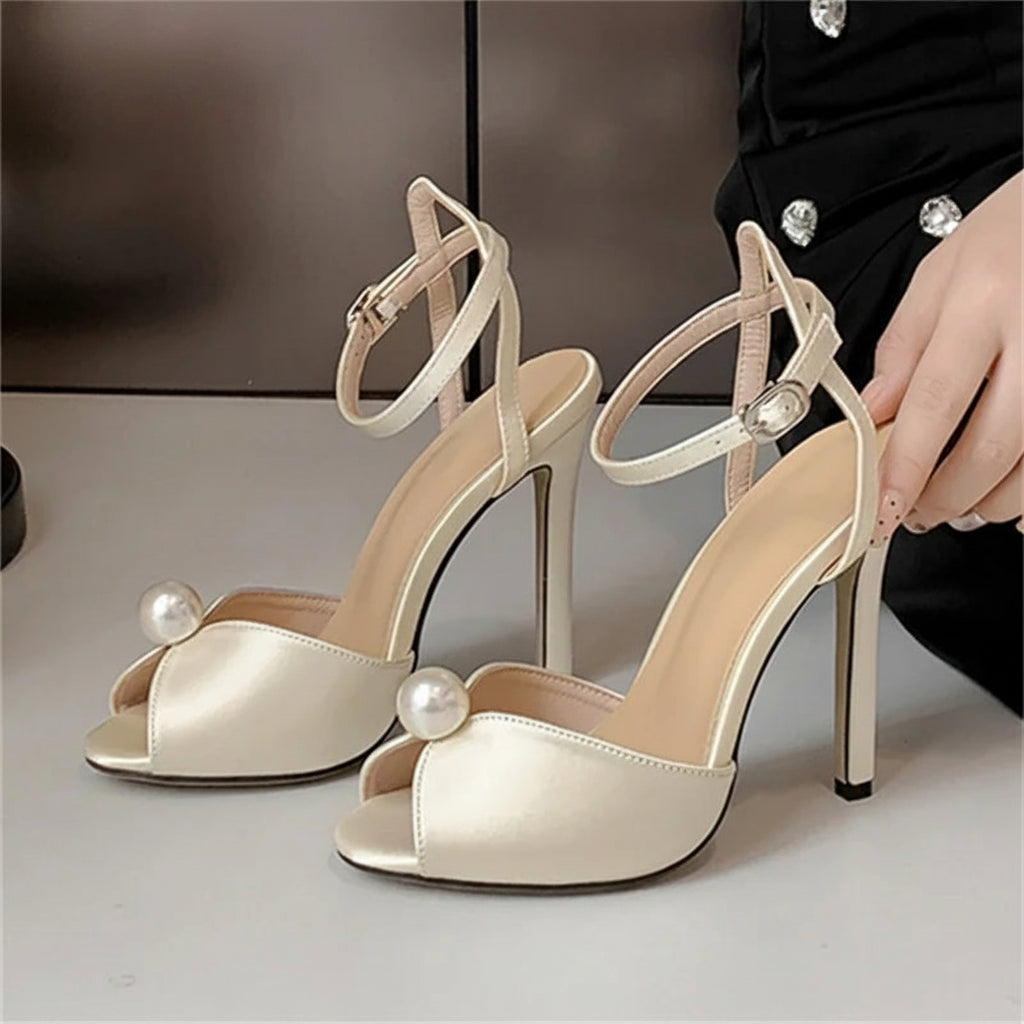 Satin Bead Peep Toe Pumps Wedding Shoes