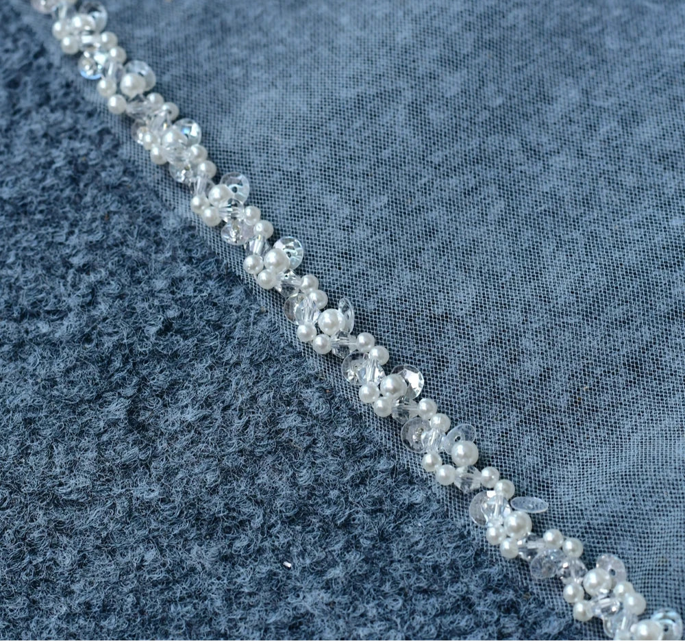 Wedding Veil Pearl Crystals Edge Bridal Accessory, Elevate your bridal ensemble with this delicate cut tulle net wedding veil,
