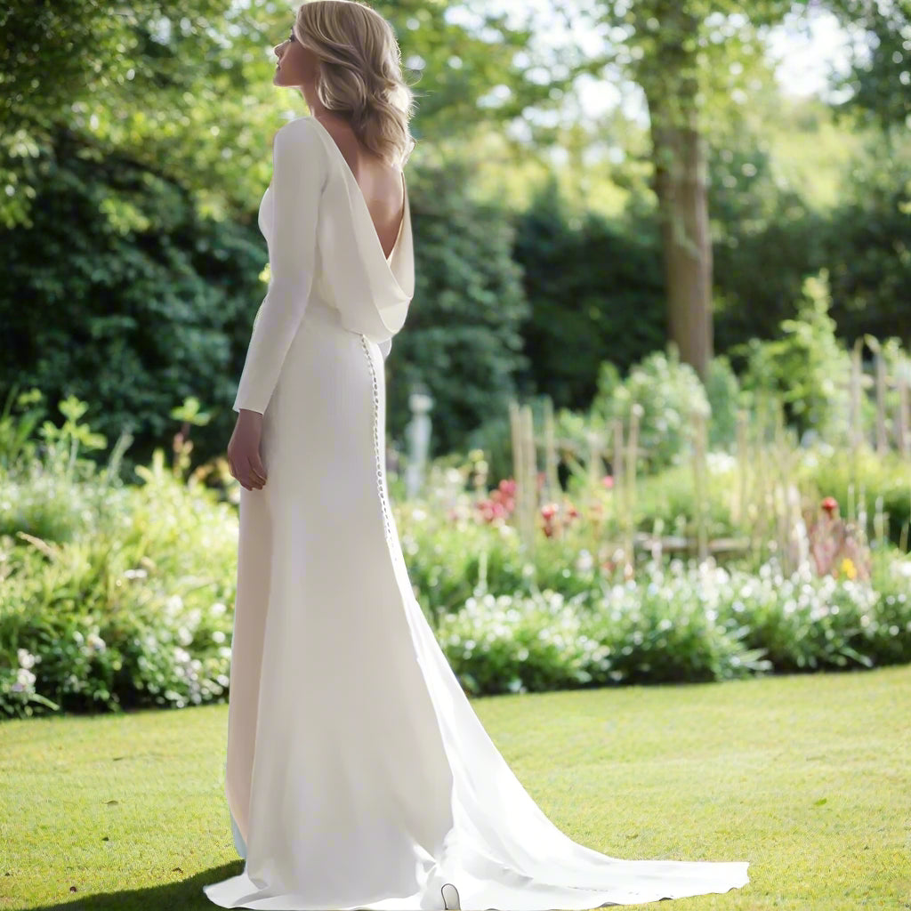 Boho Wedding Dress Long Sleeve Mermaid Back Cowl Gown, Be a vision on your big day with this stunning Long Sleeve Mermaid Back Cowl Wedding Dress
