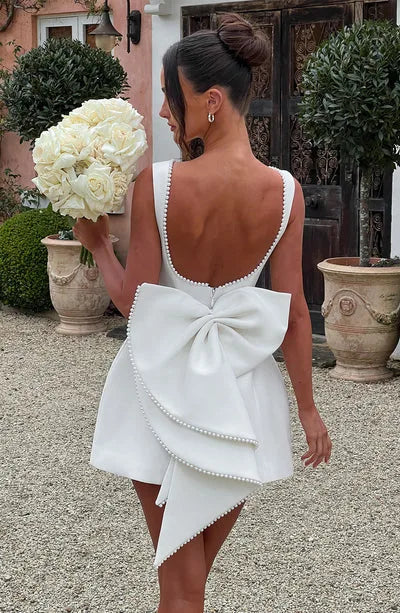 Mini Wedding Dress Pearl Backless Short Back Bow Pink / S Mini Wedding Dress Pearl Backless Short Back Bow Pink / S