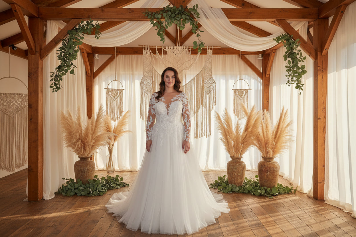 Plus Size Wedding Dress Illusion Lace Sleeve Bridal Gown