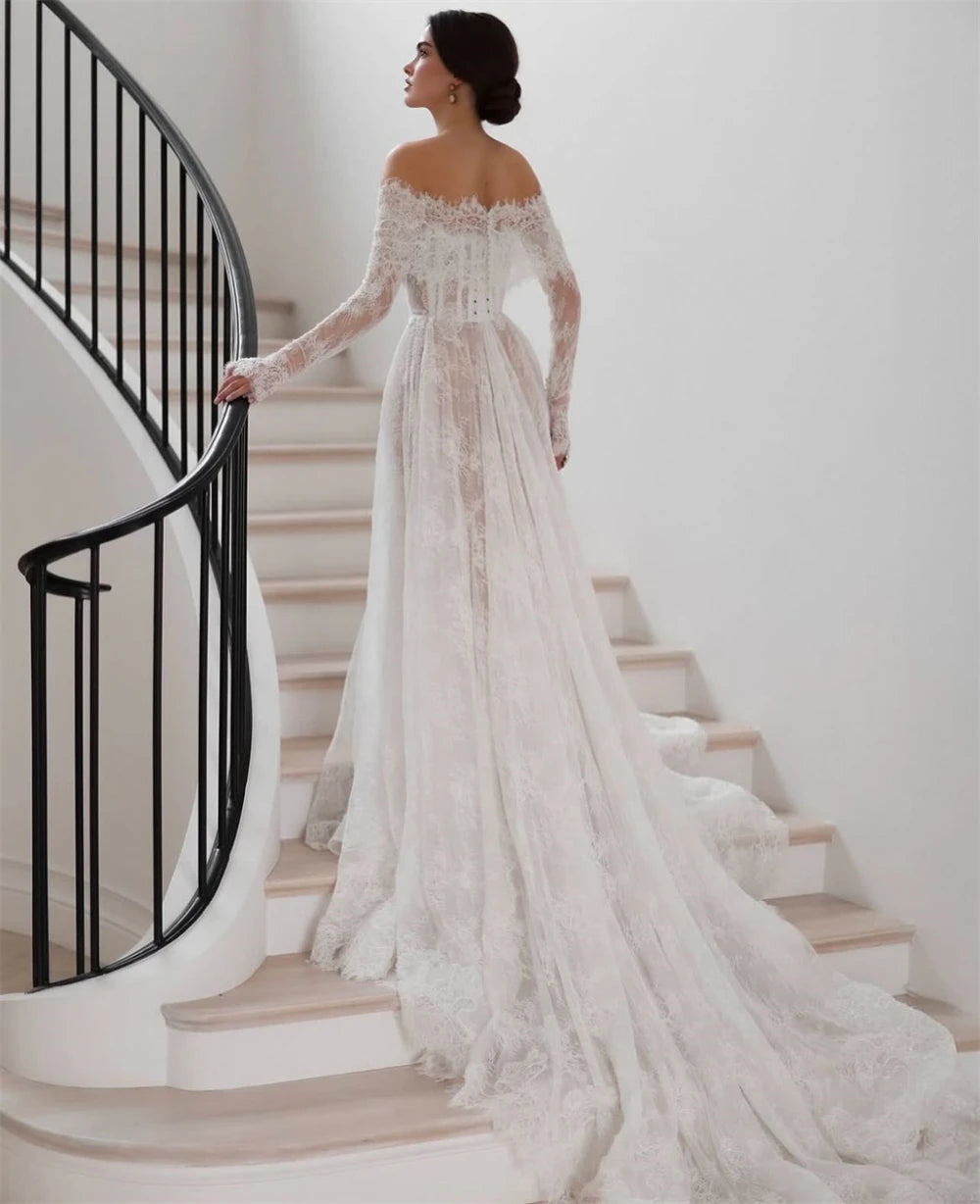 Lace Boho Wedding Gown Long Sleeves A-Line Court Train Bridal Dress, Walk down the aisle in effortless elegance with this stunning boho lace wedding gown