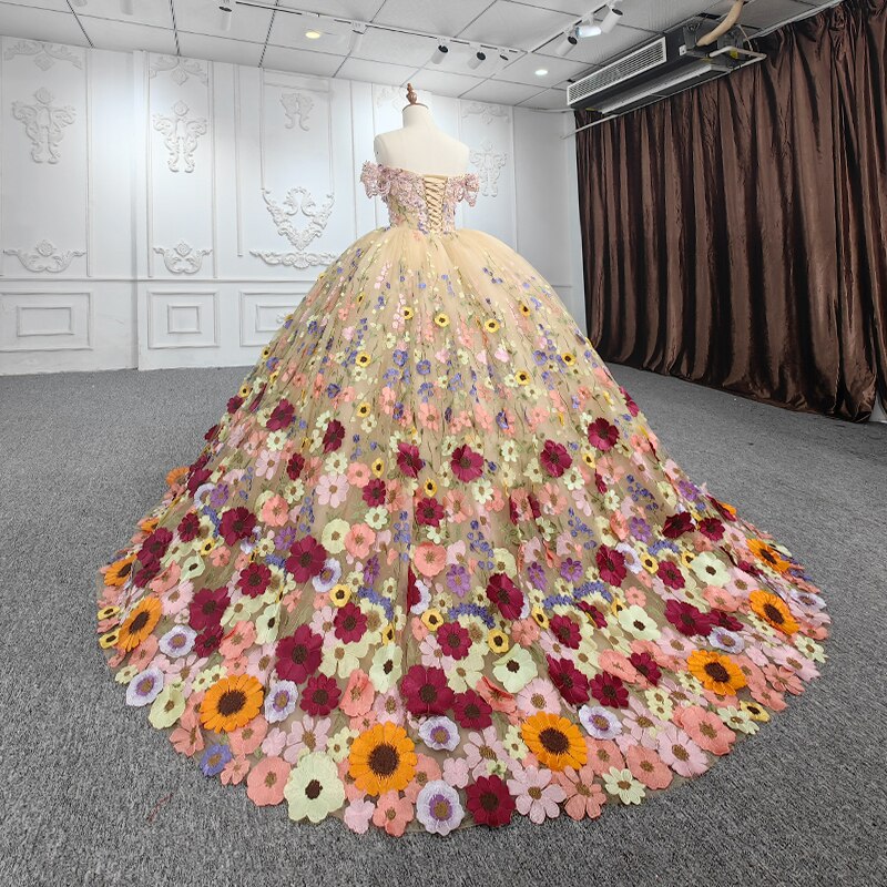 Quinceanera Dress Multi Colored Hand Sewn Floral Ball Gown, Embrace the beauty of nature with this A-line ball gown, with its colorful lace flowers